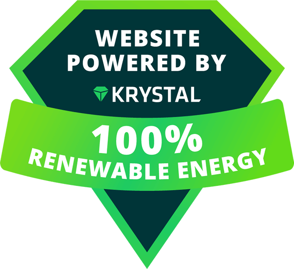Krystal green badge, website runs with 100% renewable energy